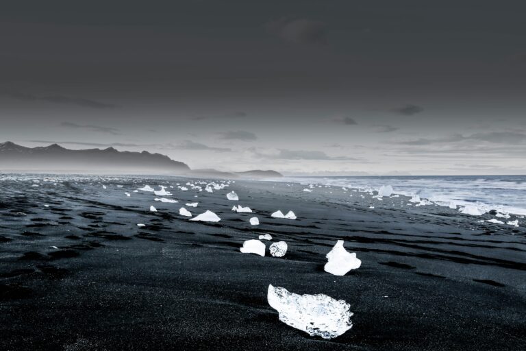 Chunks of ice scattered on a black sand beach by the ocean. Potential effects of climate change.